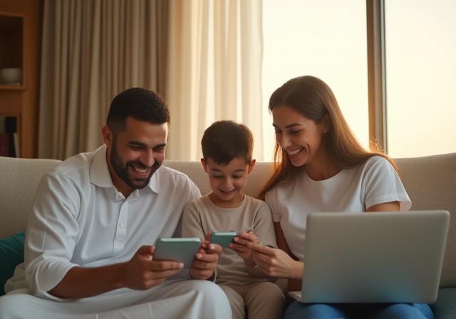 عائلة تستمتع بإتصال إنترنت سريع ومستقر